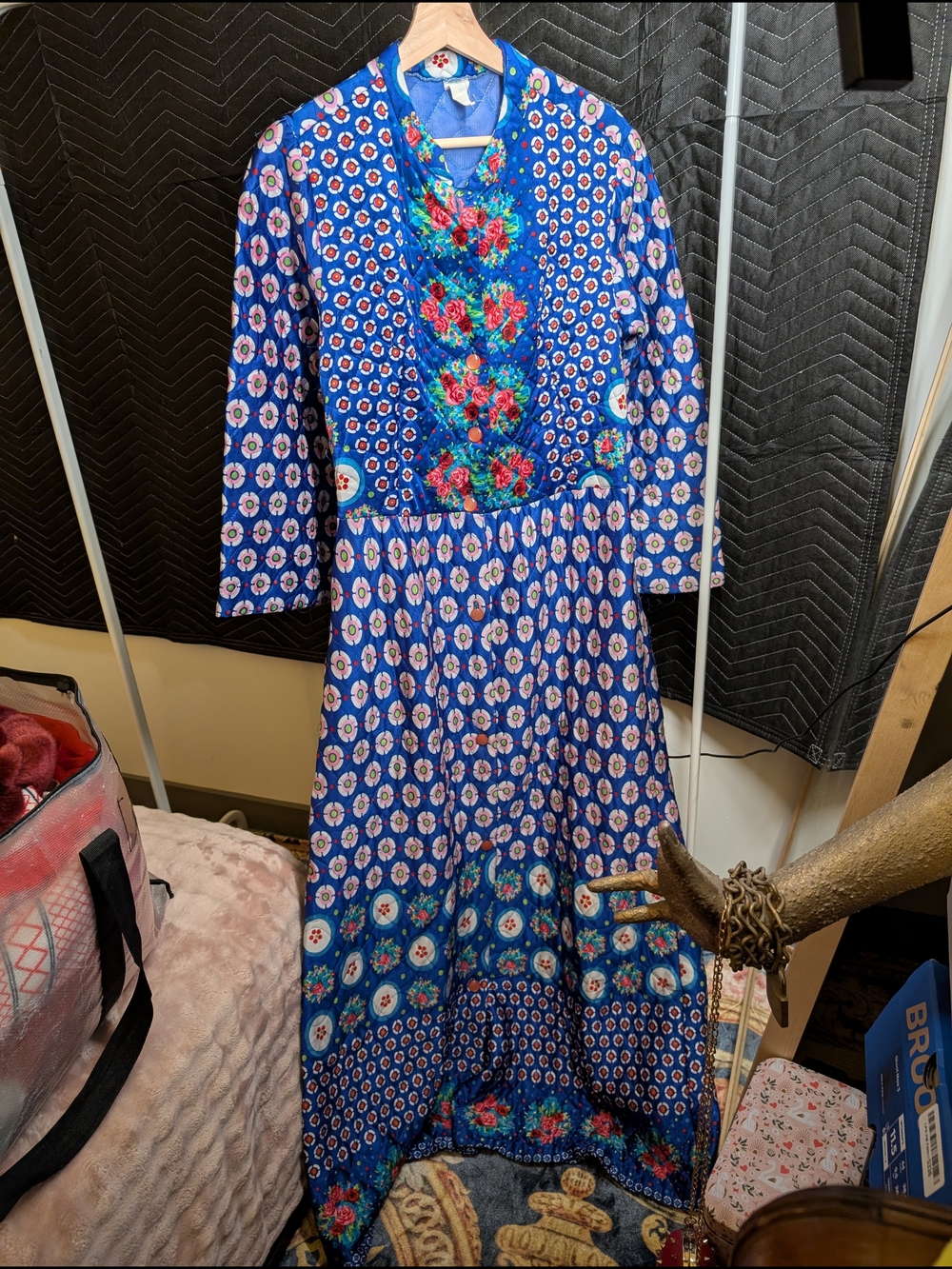 Vintage Blue Floral Maxi Housecoat Dress
